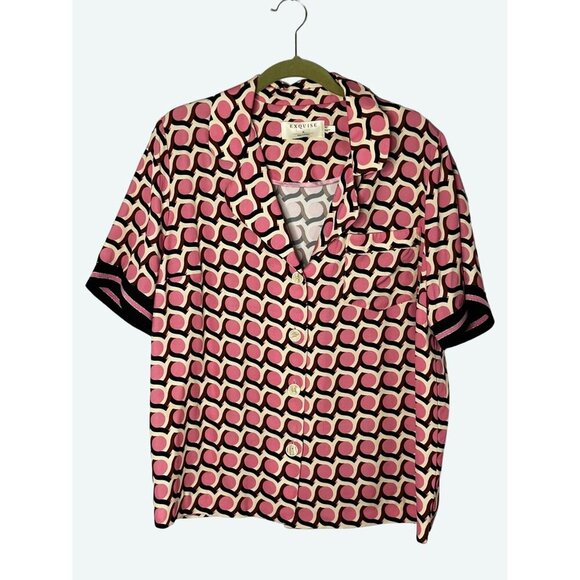 Exquise Retro Pattern Button-Up Collared Shirt Pink Black Geometric Design XL - Picture 1 of 11